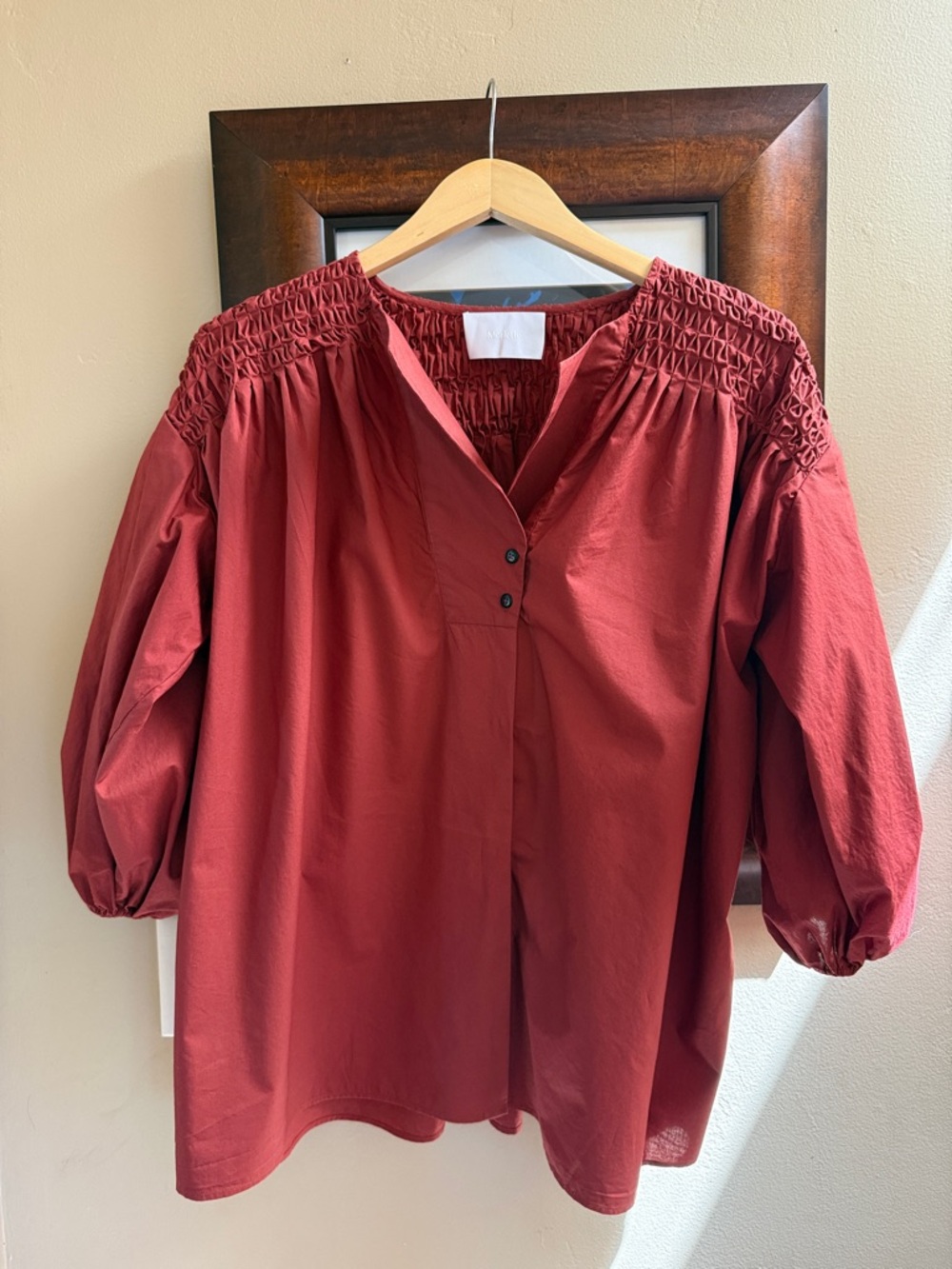 Merlette Dalen Top M Terracotta Pima Cotton Smocked Yoke Pleated Sleeve Blouse - Picture 8 of 9